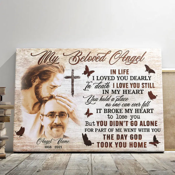 Personalized Photo Canvas Prints, Custom Photo, Memorial Gifts, Remembrance Gifts, Safe In The Arms Of Jesus, My Beloved Angel Dem Canvas
