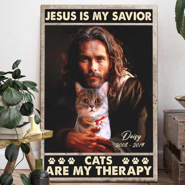 Personalized Photo Canvas Prints, Custom Photo, Memorial Gifts, Loss Of Pet Cat Lover Memorial, Jesus Is My Savior Cats Are My Therapy Dem Canvas