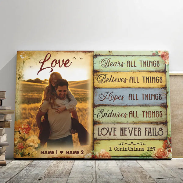 Customized Couple Gifts - Personalized Canvas Prints - Custom Couple Photo, 1 Corinthians 13:7, Love Never Fails