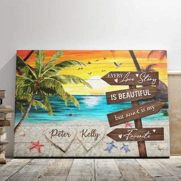 Customized Couple Gifts - Personalized Canvas Prints - Custom Couple Names, Coastal Beach Scene, Every Love Story