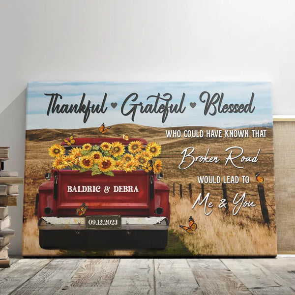 Customized Couple Gifts - Personalized Canvas Prints - Rustic Farmhouse Red Truck, Customized Anniversary Couples Gifts, Thankful, Grateful, Blessed