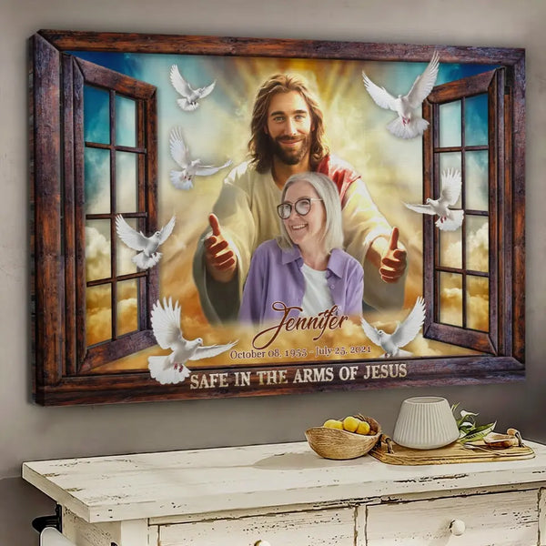 Personalized Canvas Prints, Custom Photo, Memorial Gifts, Sympathy Gifts, Window Frame Safe In The Arms Of Jesus Dem Canvas