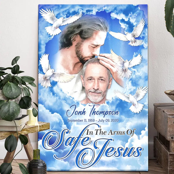 Personalized Canvas Prints Custom Name, Date, Upload Photo, Memorial Gifts, Remembrance Gifts, Loss Dad Watercolor Jesus Safe In His Arms Dem Canvas