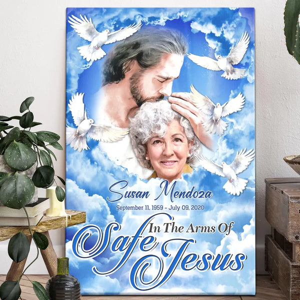 Personalized Canvas Prints Custom Name, Date, Upload Photo, Memorial Gifts, Remembrance Gifts, Loss Mom Watercolor Jesus Safe In His Arms Dem Canvas