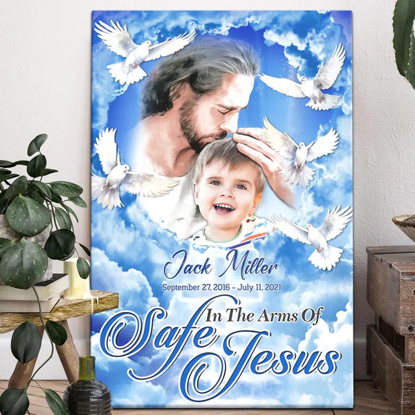 Personalized Canvas Prints Custom Name, Date, Upload Photo, Memorial Gifts, Remembrance Gifts, Loss Son Watercolor Jesus Safe In His Arms Dem Canvas