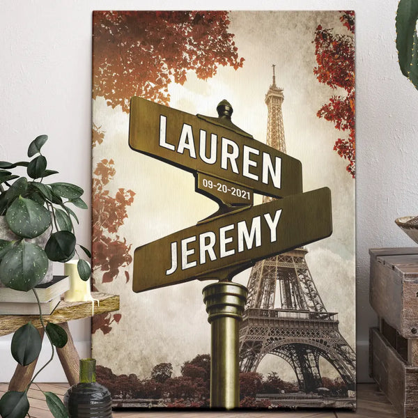 Customized Couple Gifts - Personalized Canvas Prints - Street Sign Couple Custom Name, Lovers Crossroads Paris Unique