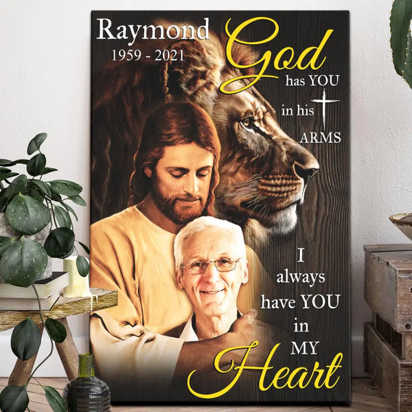 Memorial Canvas - Personalized Canvas Prints - In Memory Of Gifts Loss Of Dad, Upload Portrait Photo, The Lion Of Judah, God Has You In His Arms