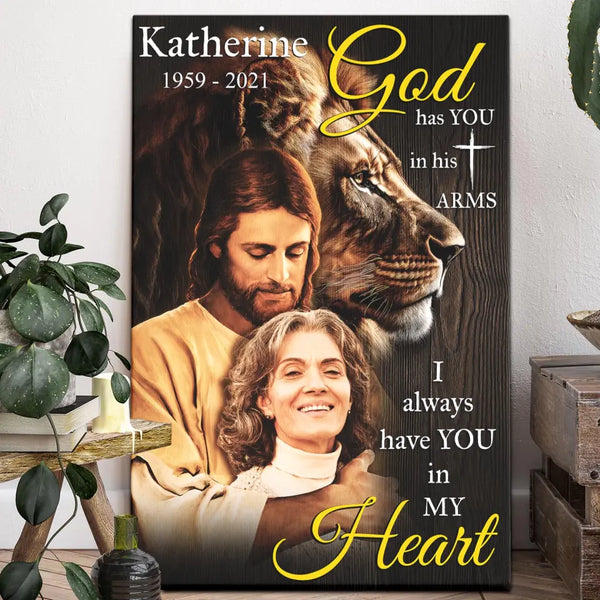 Memorial Canvas - Personalized Canvas Prints - In Memory Of Gifts Loss Of Mom, Upload Portrait Photo, The Lion Of Judah, God Has You In His Arms