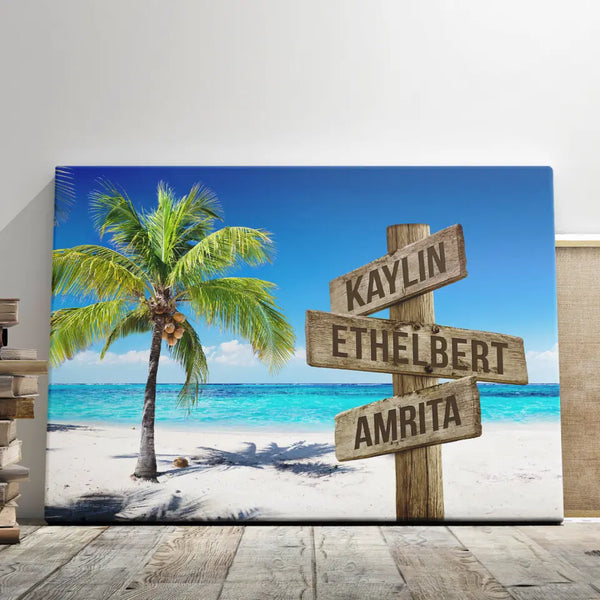 Family Canvas Wall Art - Personalized Canvas Prints - 
Custom Street Sign Family Names, Ocean Breeze, And Coconut Tree Decor