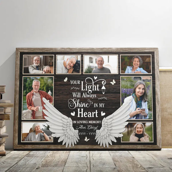 Memorial Canvas - Personalized Canvas Prints - Personalized Sympathy Frame Loss Of Loved One, Angel Wings Your Light Will Always Shine In My Heart