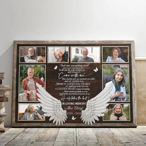Memorial Canvas - Personalized Canvas Prints - Personalized Sympathy Frame Loss Of Loved One, Angel Wings God Saw You Getting Tired