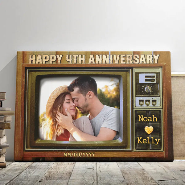 4-Year Anniversary Gift For Him - Personalized Canvas Prints - Old Television Custom Image, Happy 4th Anniversary