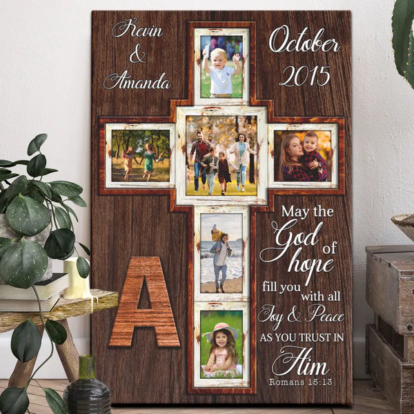 Family Canvas Wall Art - Personalized Canvas Prints - Custom Family Photo Collage, Gift For Family, Custom Barnwood Cross