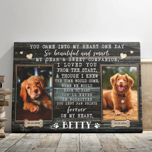Dog Memorial Personalized Canvas Prints - Custom Photo & Text - 5 Sizes - Pet Remembrance, You Left Paw Prints on My Heart - Dem Canvas