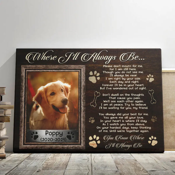 Dog Memorial Personalized Canvas Prints - Custom Photo & Text - 5 Sizes - Pet Remembrance, Where I'll Always Be, Forever By Your Side - Dem Canvas