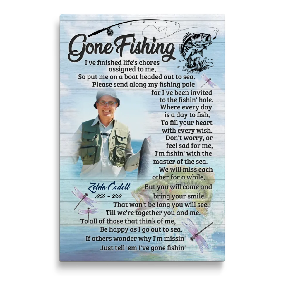 Personalized Canvas Prints, Custom Name And Photo, Gift For Dad, Gift For Grandpa Memorial Fishing, Gone Fishing Dem Canvas