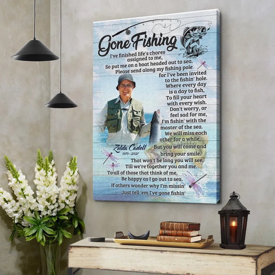 Personalized Canvas Prints, Custom Name And Photo, Gift For Dad, Gift For Grandpa Memorial Fishing, Gone Fishing Dem Canvas