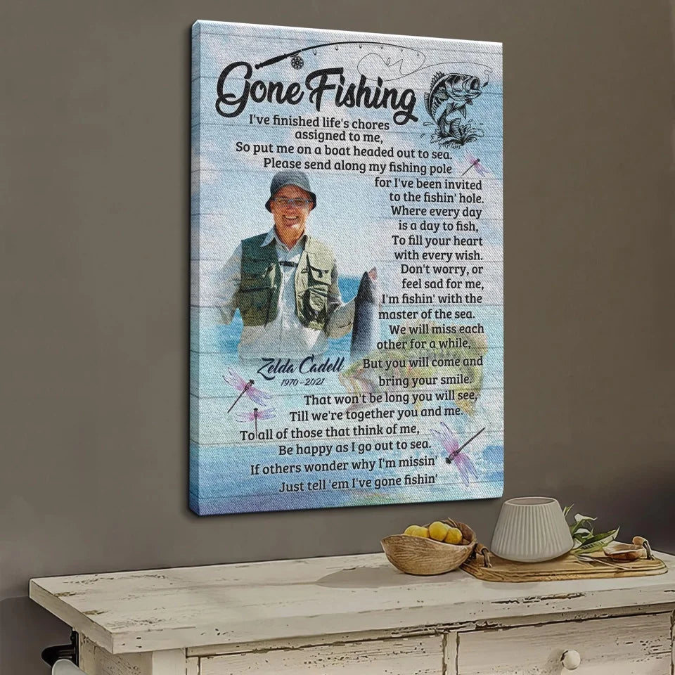 Personalized Canvas Prints, Custom Name And Photo, Gift For Dad, Gift For Grandpa Memorial Fishing, Gone Fishing Dem Canvas