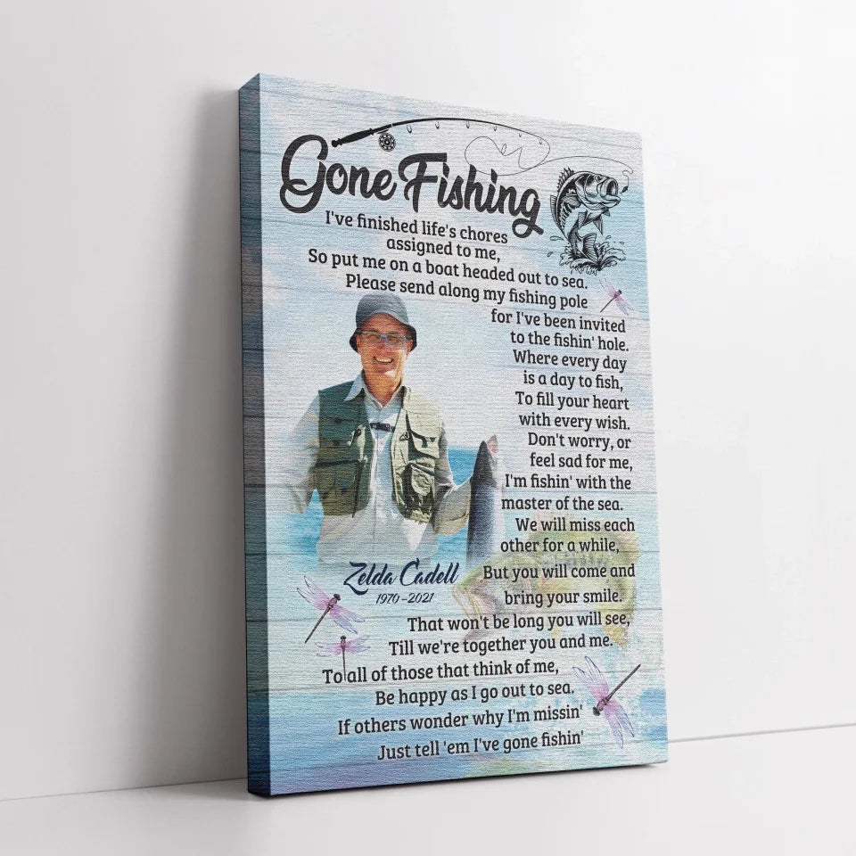 Personalized Canvas Prints, Custom Name And Photo, Gift For Dad, Gift For Grandpa Memorial Fishing, Gone Fishing Dem Canvas