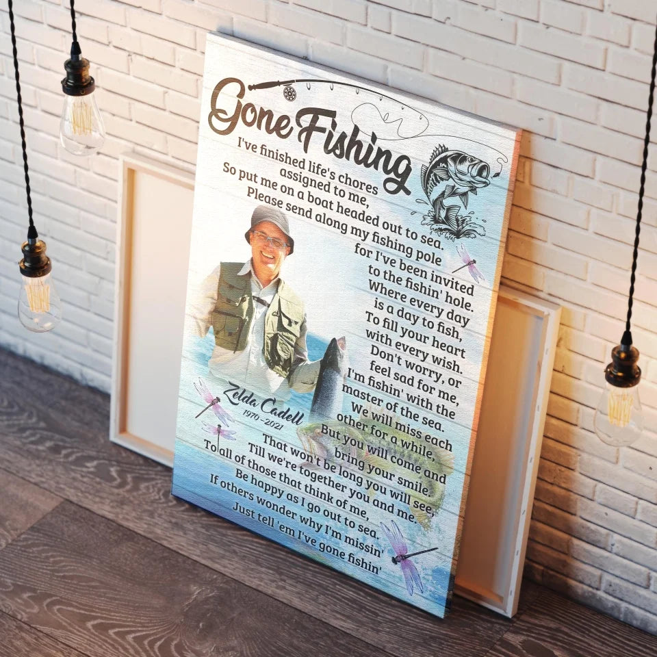 Personalized Canvas Prints, Custom Name And Photo, Gift For Dad, Gift For Grandpa Memorial Fishing, Gone Fishing Dem Canvas