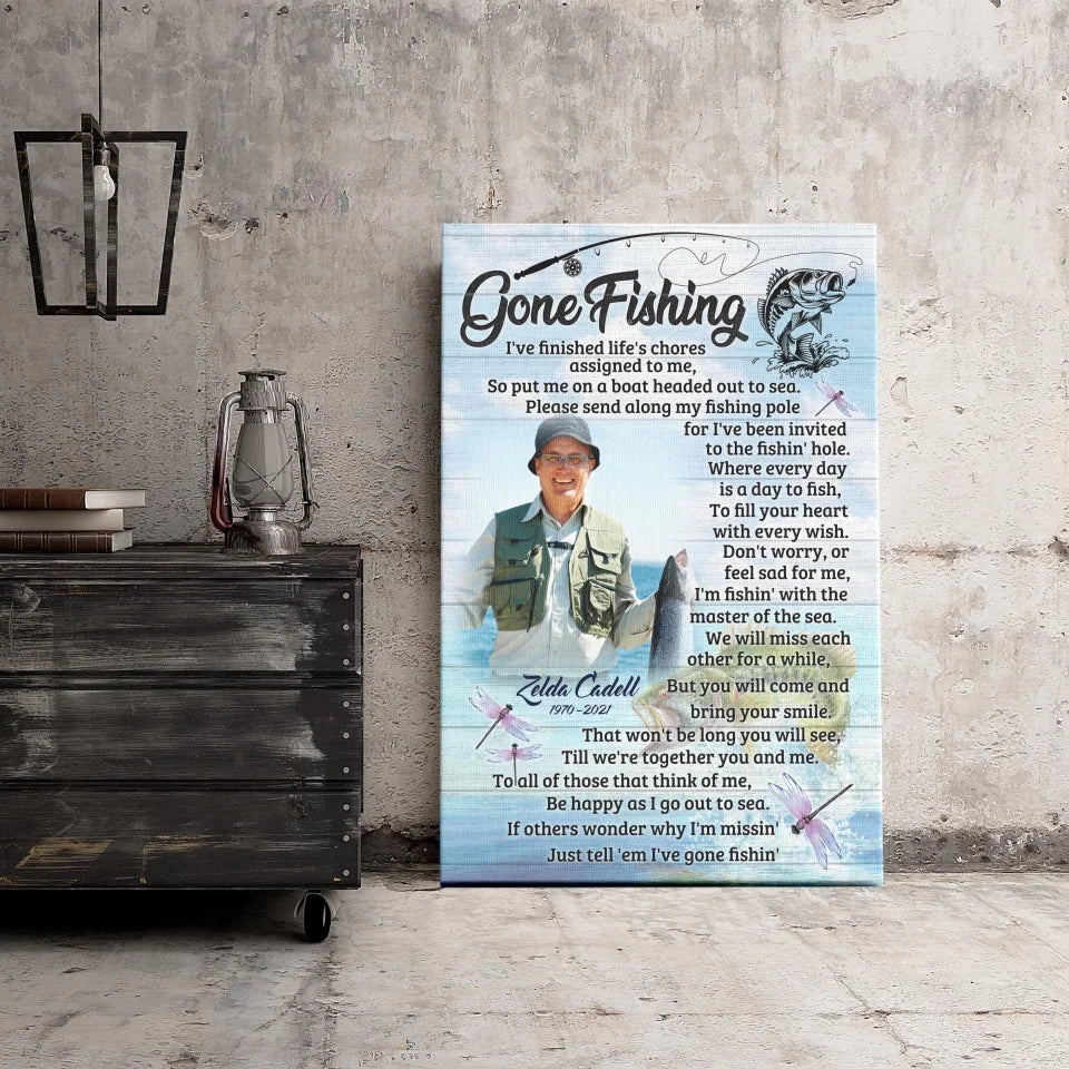 Personalized Canvas Prints, Custom Name And Photo, Gift For Dad, Gift For Grandpa Memorial Fishing, Gone Fishing Dem Canvas