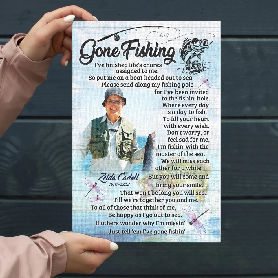 Personalized Canvas Prints, Custom Name And Photo, Gift For Dad, Gift For Grandpa Memorial Fishing, Gone Fishing Dem Canvas