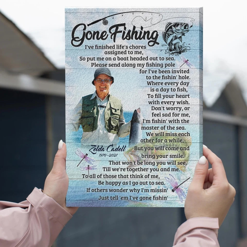 Personalized Canvas Prints, Custom Name And Photo, Gift For Dad, Gift For Grandpa Memorial Fishing, Gone Fishing Dem Canvas