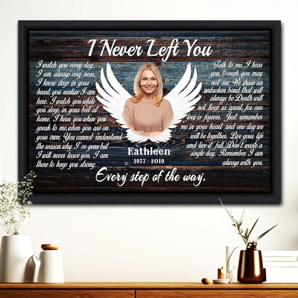 Parent Memorial Personalized Framed Canvas Prints | Custom Photo & Text | 5 Sizes & 3 Frame Colors | Angel Wings, I Never Left You | Dem Canvas