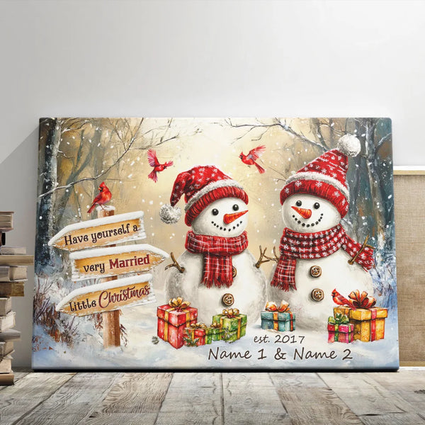 The Couple, Family Christmas Personalized Canvas Prints - Custom Text & Date - 5 Sizes - Snowman Couple, Married Little Christmas - Dem Canvas