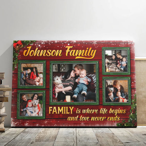 Family Christmas Personalized Canvas Prints - Custom Photo & Text - 5 Sizes - Family is Where Life Begins Christmas Style - Dem Canvas