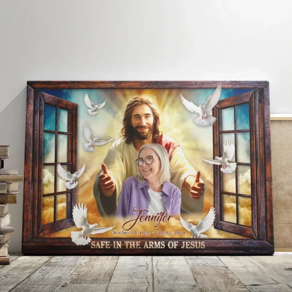Personalized Canvas Prints, Custom Photo, Memorial Gifts, Sympathy Gifts, Window Frame Safe In The Arms Of Jesus Dem Canvas