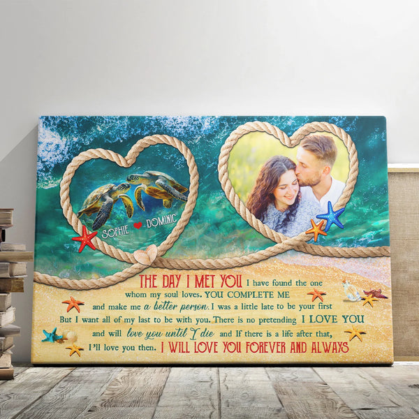 Couple Personalized Canvas Prints - Custom Photo & Text - 5 Sizes - Couple Gift, Ocean Love, Turtles In Love, The Day I Met You - Dem Canvas