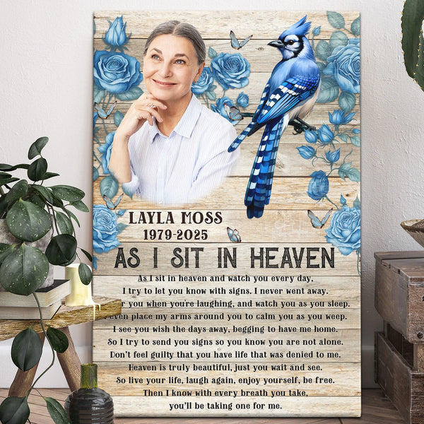 Memorial Personalized Canvas Prints - Custom Photo & Text - 5 Sizes - Sympathy & Bereavement Gift, With Blue Jay And Blue Rose Design - Dem Canvas