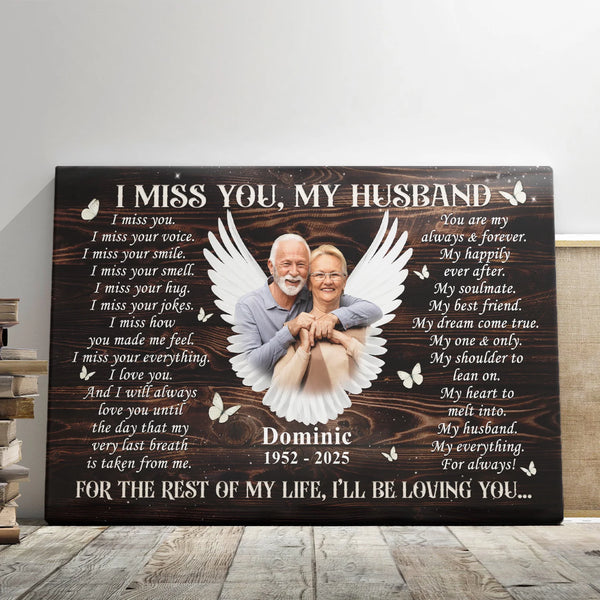 Memorial Personalized Canvas Prints - Custom Photo & Text - 5 Sizes - Sympathy Gifts, I Miss You My Husband, With Angel Wings - Dem Canvas
