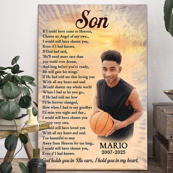 Son Memorial Personalized Canvas Prints - Custom Photo & Text - 5 Sizes - Sympathy Gift For Loss of Son, God Holds You In His Care - Dem Canvas