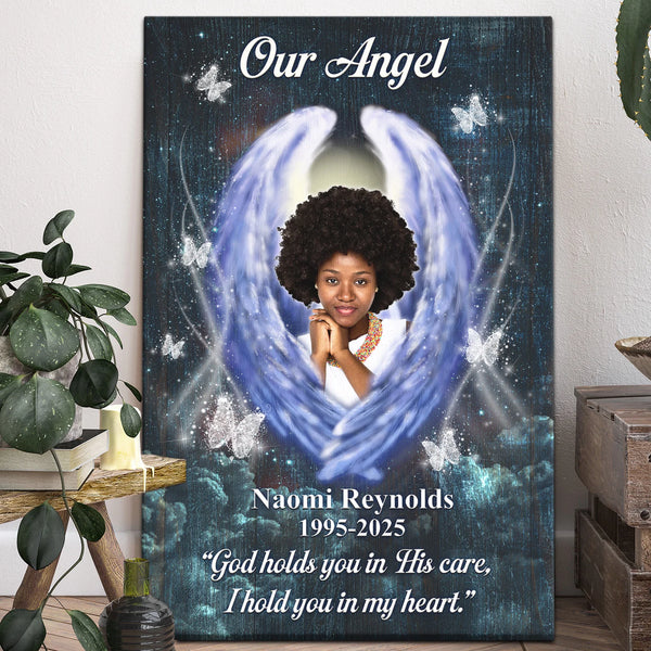 Memorial Personalized Canvas Prints - Custom Photo & Text - 5 Sizes - Sympathy Gifts, Our Angel, God Holds You In His Care - Dem Canvas