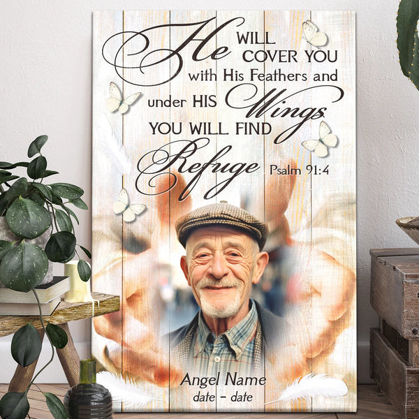 Memorial Personalized Canvas Prints - Custom Photo & Text - 5 Sizes - He Will Cover You, Psalm 91:4 Wings of Refuge Canvas - Dem Canvas