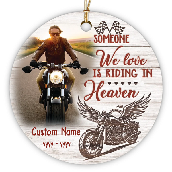Memorial Personalized Ornament - Custom Photo & Text - Riding in Heaven Memorial Ornament, Motorcycle Memorial Ornament for Loved Ones - Dem Canvas